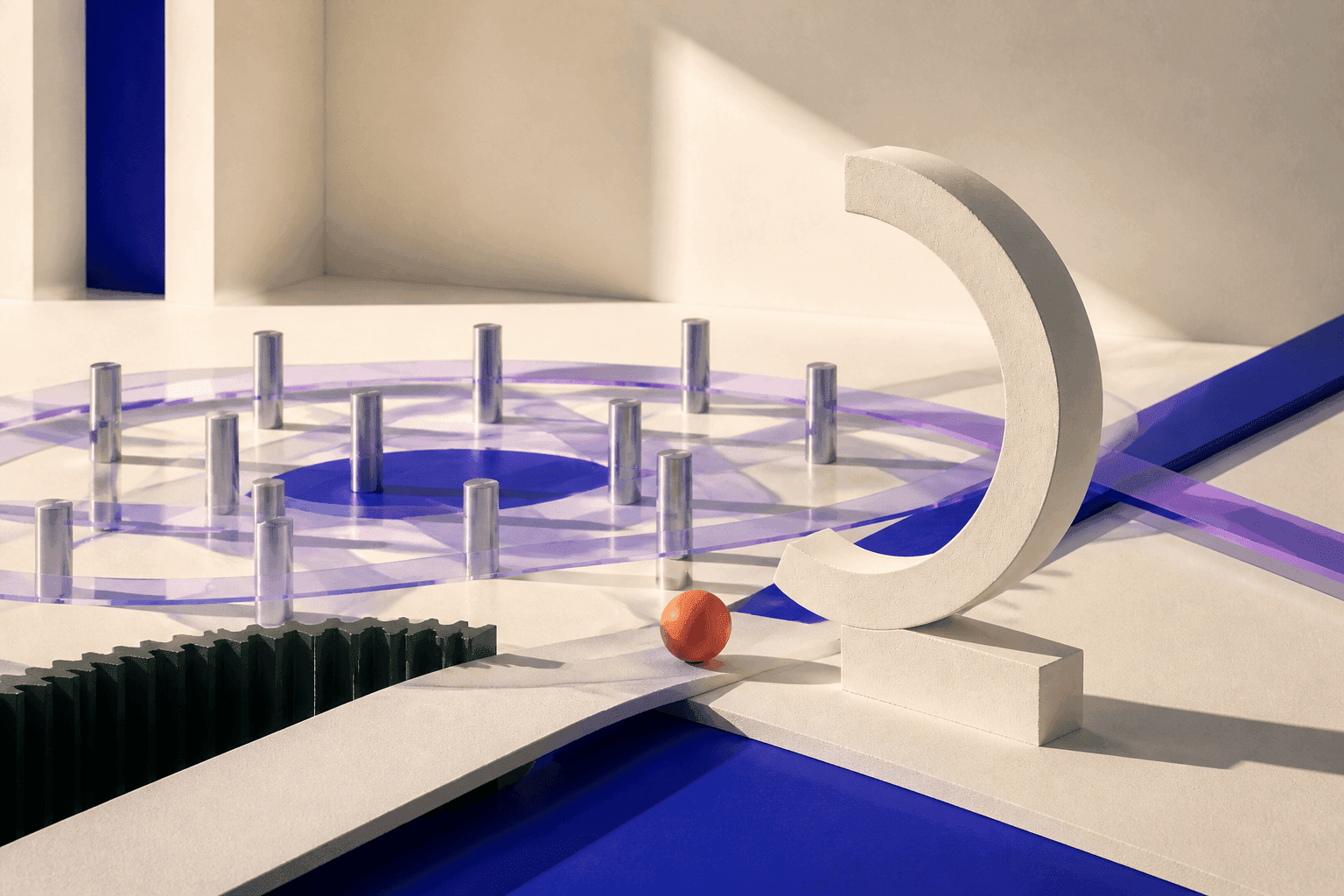 Architectural diorama on an ivory background with an incomplete white circular portal, one coral sphere, translucent violet and blue paths, a network of small metal pillars and a single forest-green relief.