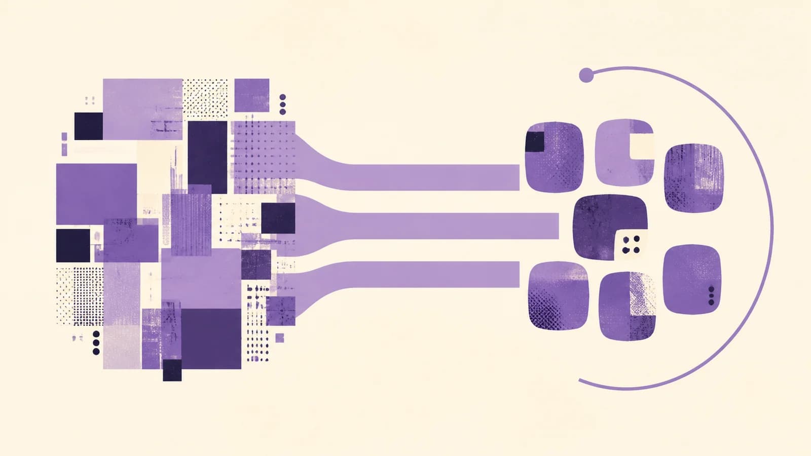 Abstract illustration on an ivory background: a dense field of violet blocks on the left connects to seven spaced modules on the right through three broad channels beneath an open loop.