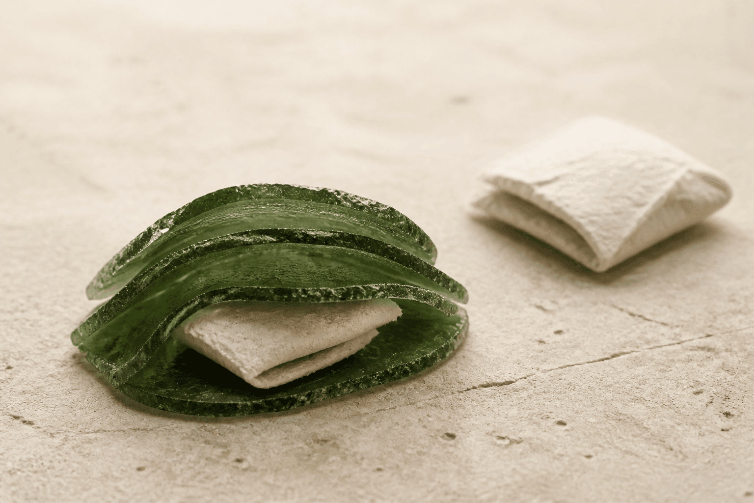 Generated macro illustration of two small irregular ivory-paper packets, one almost enclosed by several translucent forest-green resin shells resting on a pale mineral base.