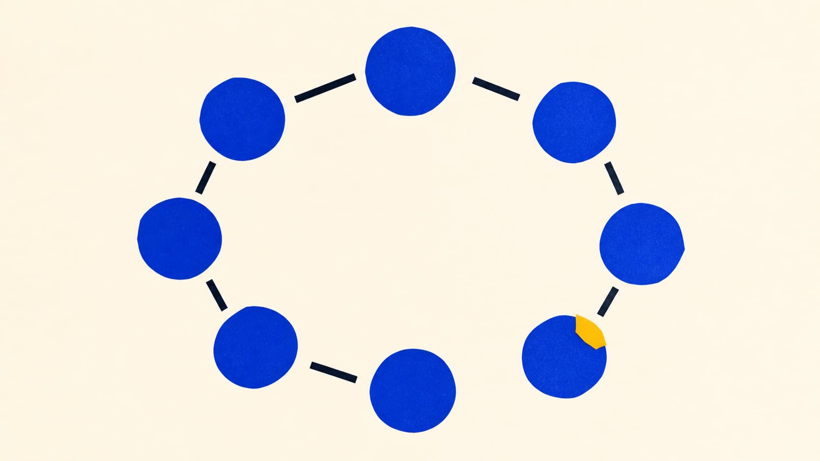 Abstract illustration on an ivory background, cobalt shapes joined by short segments surround a large empty centre, with one yellow accent.