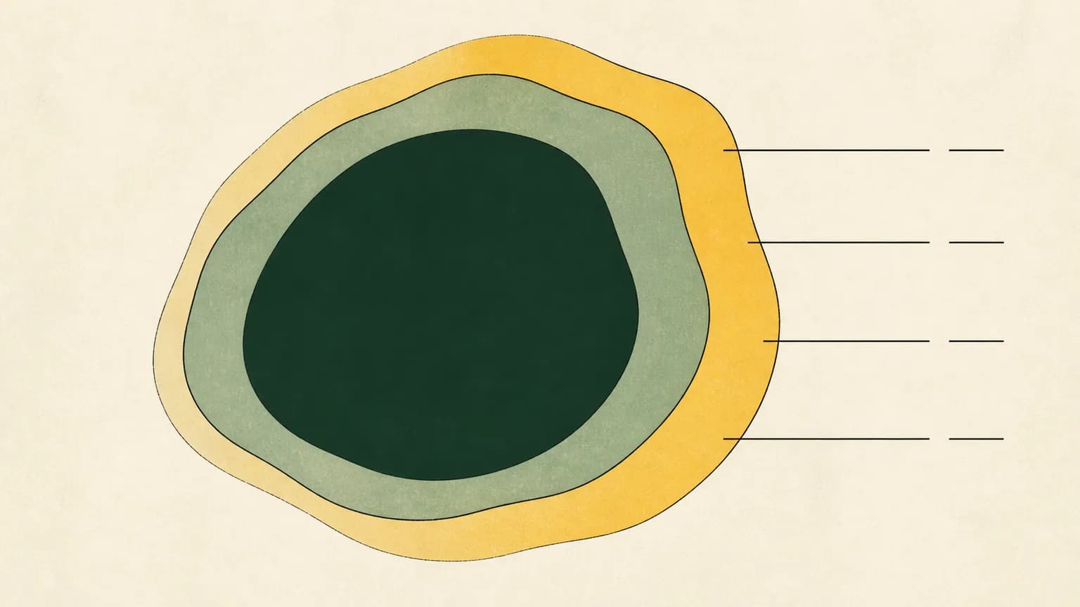 Abstract illustration on an ivory background, three yellow and green strata surround a dark-green core while broken lines leave their right edge.