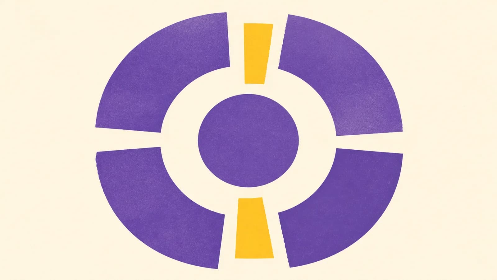 Abstract illustration on an ivory ground: a central violet disc connects to a broken violet ring through six passages, two marked in yellow.