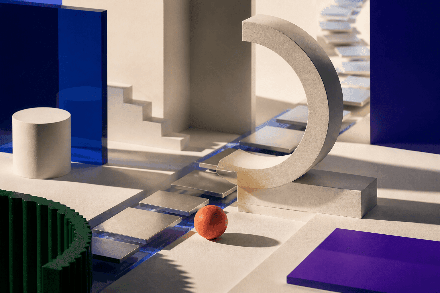 Generated editorial illustration of an ivory diorama where aluminium plates follow a blue resin track beneath an incomplete white circular portal beside a single coral sphere.
