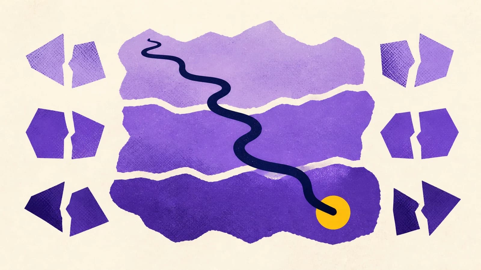 Abstract illustration on an ivory background, three violet layers contain pairs of geometric shapes, crossed by a dark path that reaches a yellow circle.