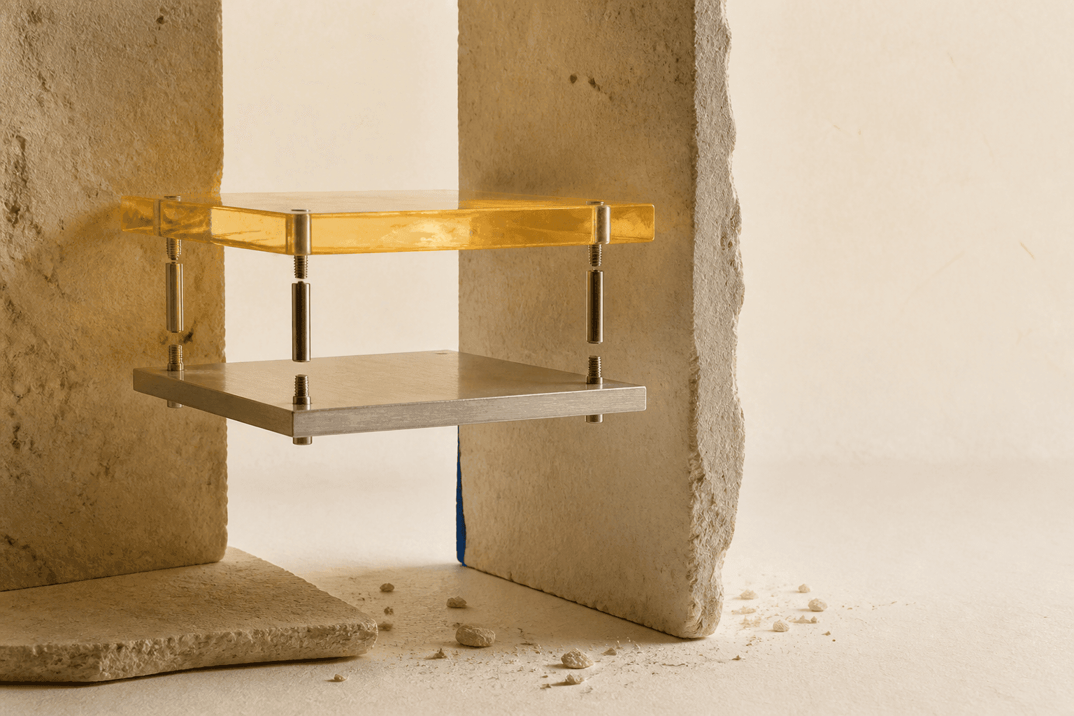 Generated still life with two suspended rectangular plates, one aluminium and one amber resin, set between three ivory mineral blocks against a pale background.