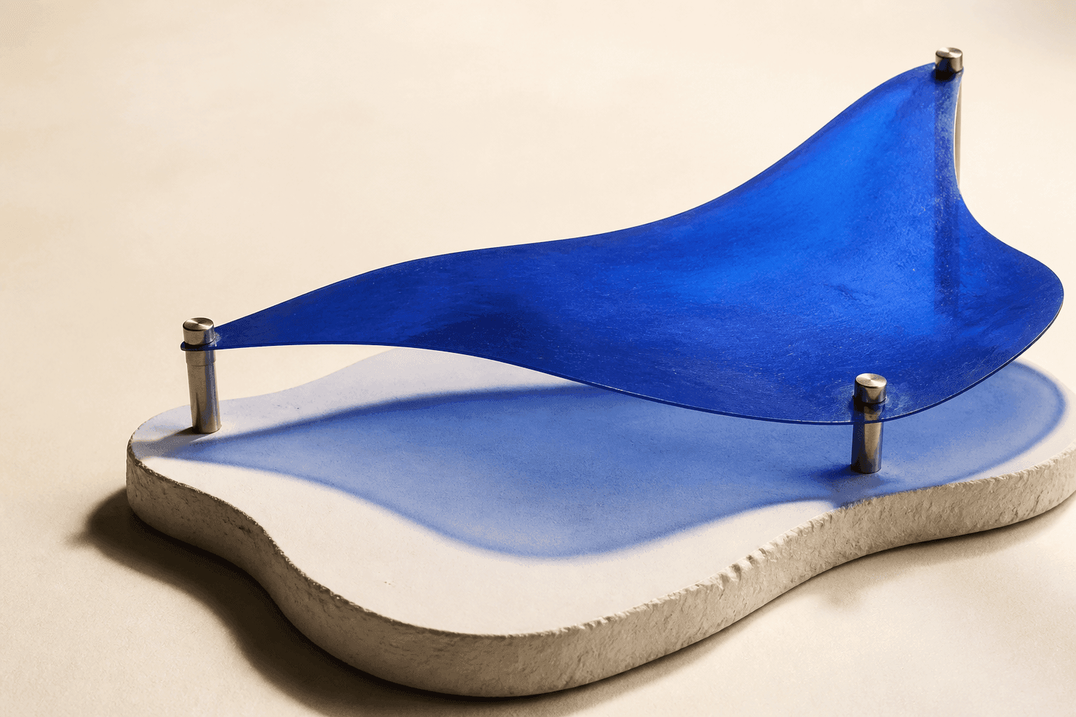 Generated editorial illustration of a cobalt resin membrane held by three metal fasteners above an irregular ivory plaster relief, separated by an air gap and casting a matching blue shadow.
