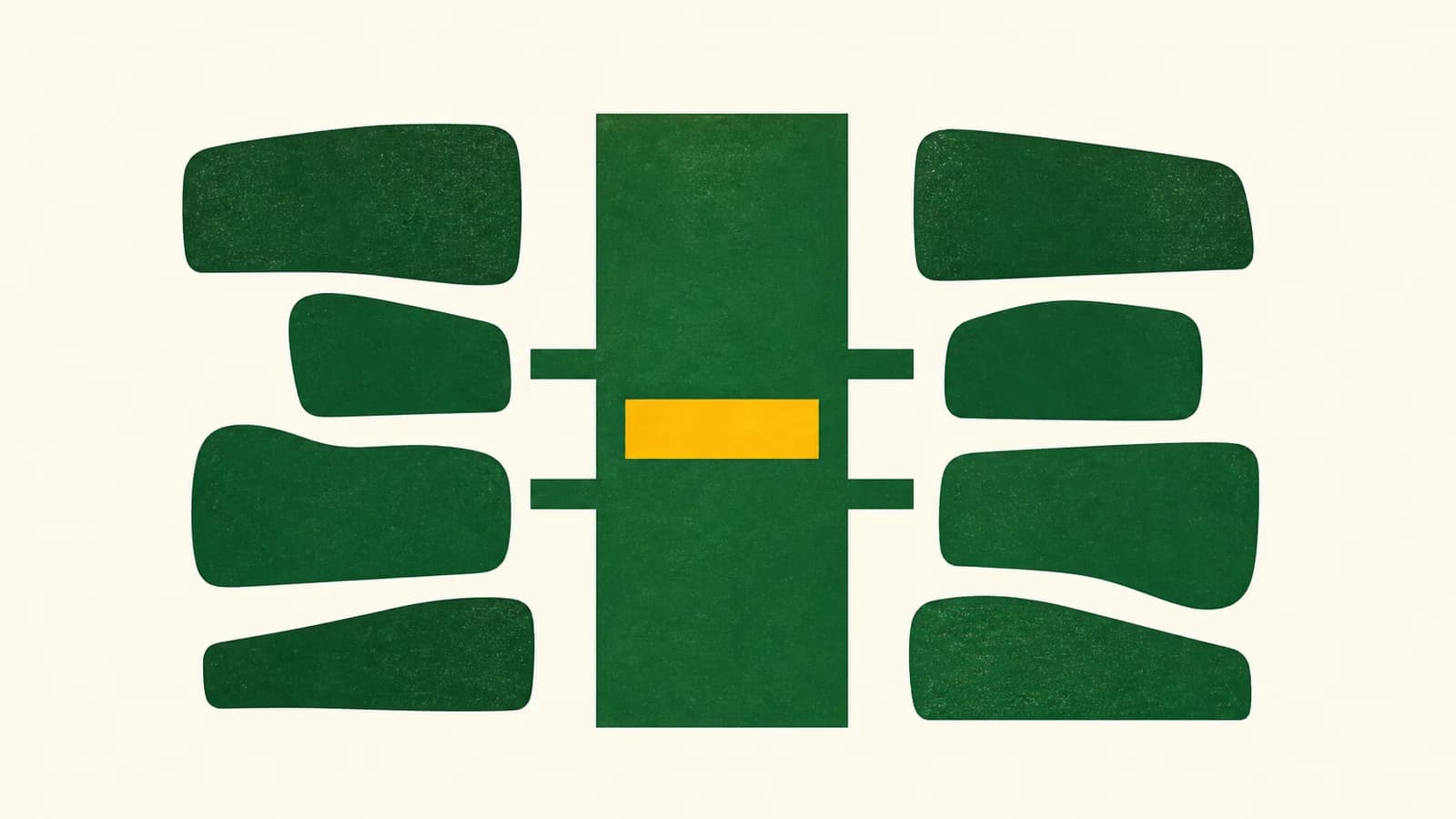 Abstract illustration on an ivory background, with a wide green threshold linking two groups of irregular shapes and a yellow bar at the centre.