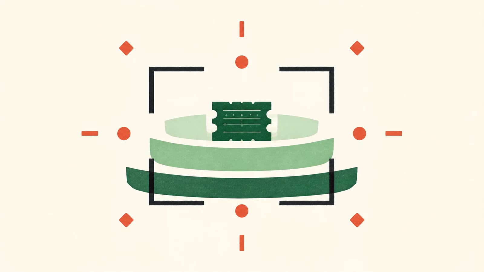 Abstract illustration on an ivory ground: three forest-green strata surround a small modular register inside an incomplete dark frame with coral markers.