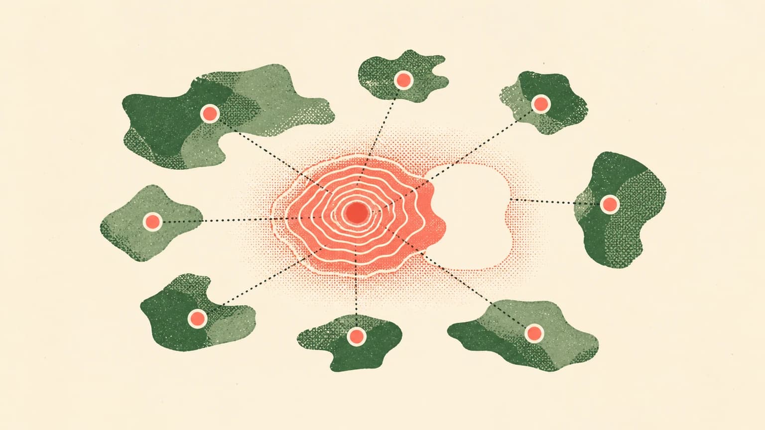 Abstract illustration on an ivory background: connected coral and green islands surround a central field of contour lines while one peripheral area remains open.