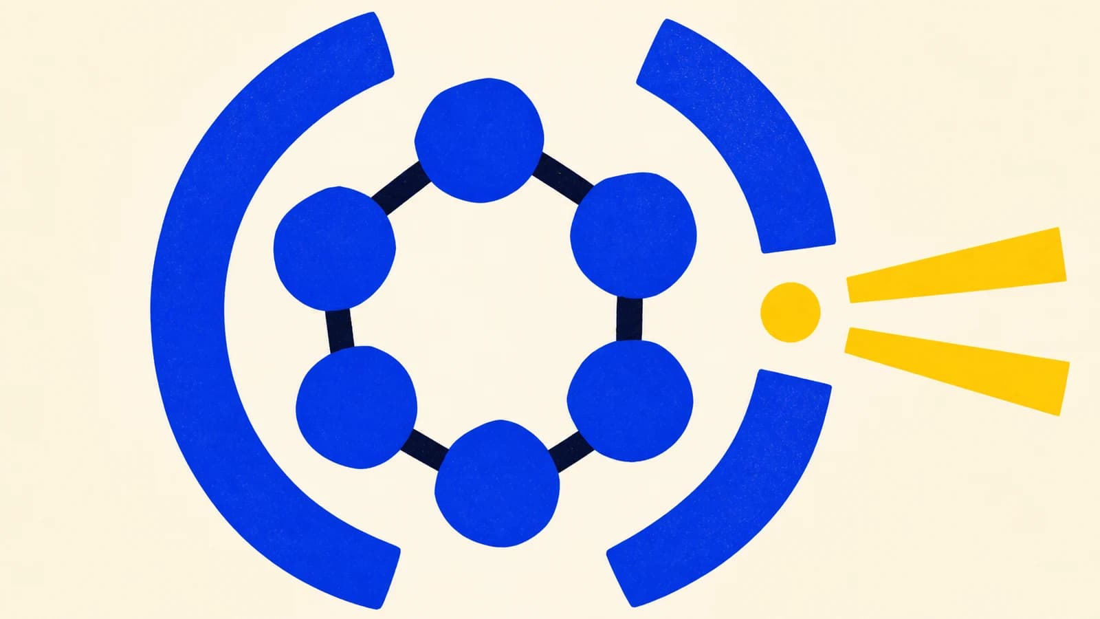 Abstract illustration on an ivory background, six connected cobalt shapes surround a radiant core while a yellow dot and two yellow rays pass through a gap between large blue arcs.