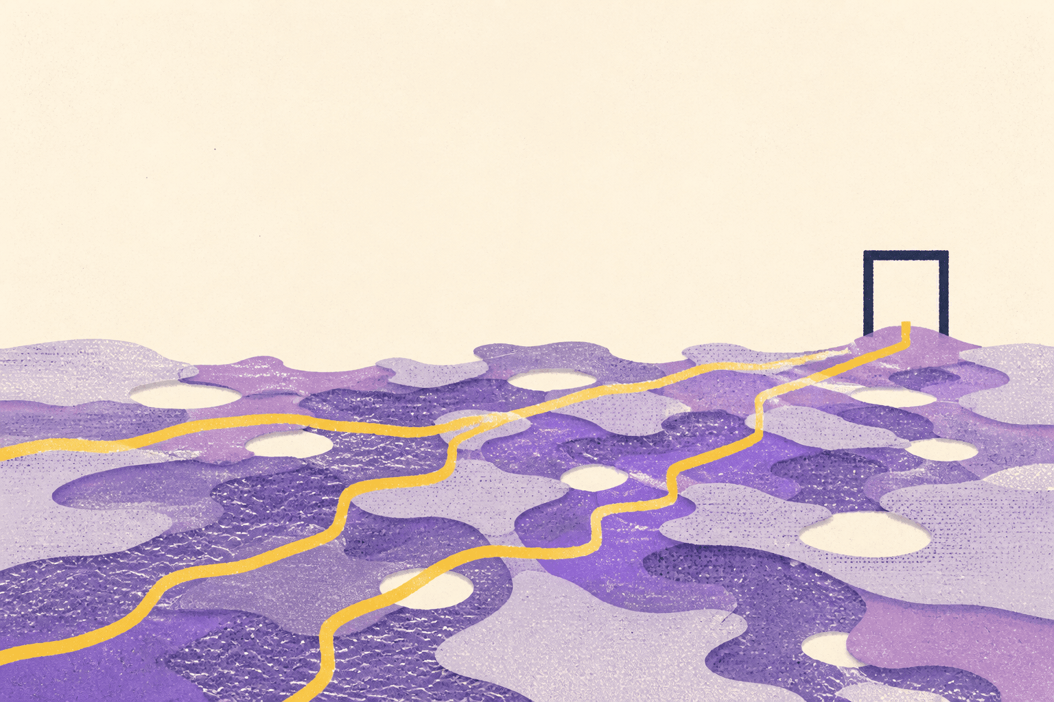 Abstract illustration on an ivory ground: violet layers form a territory crossed by three yellow paths, with only one reaching a small dark frame.