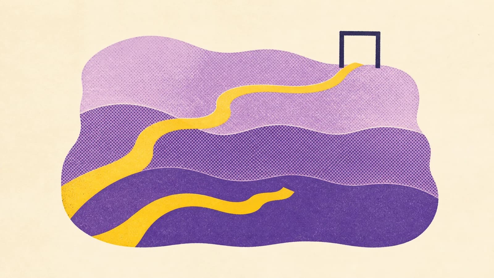 Abstract illustration on an ivory ground: violet layers form a territory crossed by three yellow paths, with only one reaching a small dark frame.