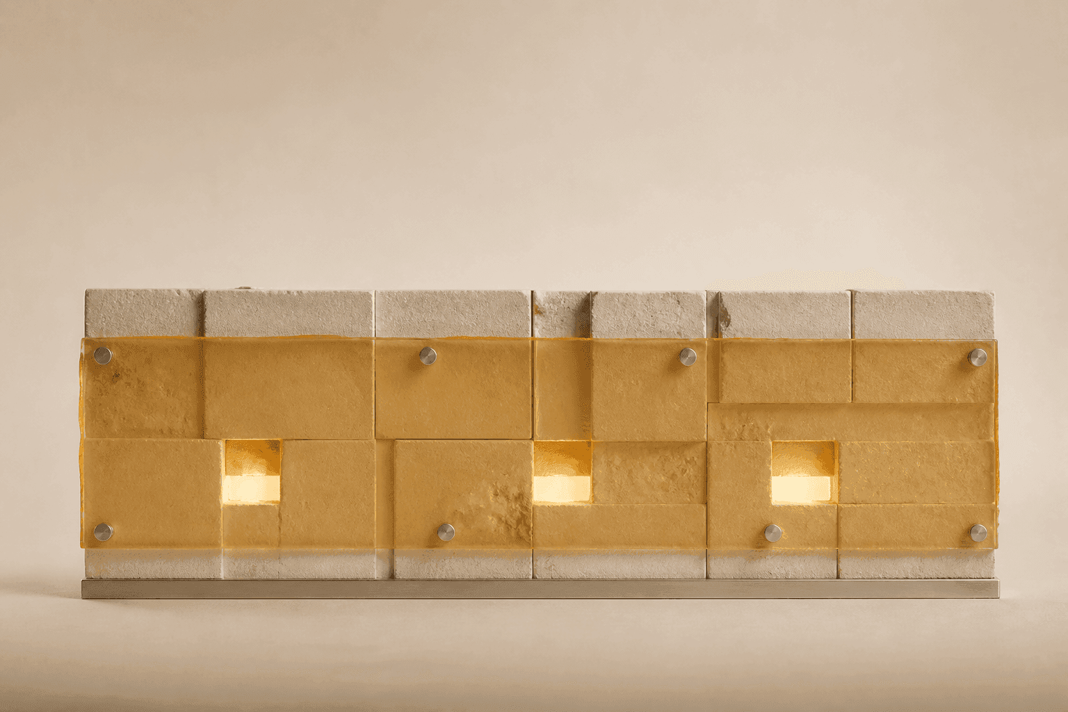 Generated still life showing a low ivory-plaster facade covered by an amber-resin membrane, with three small illuminated openings and round aluminium fasteners.