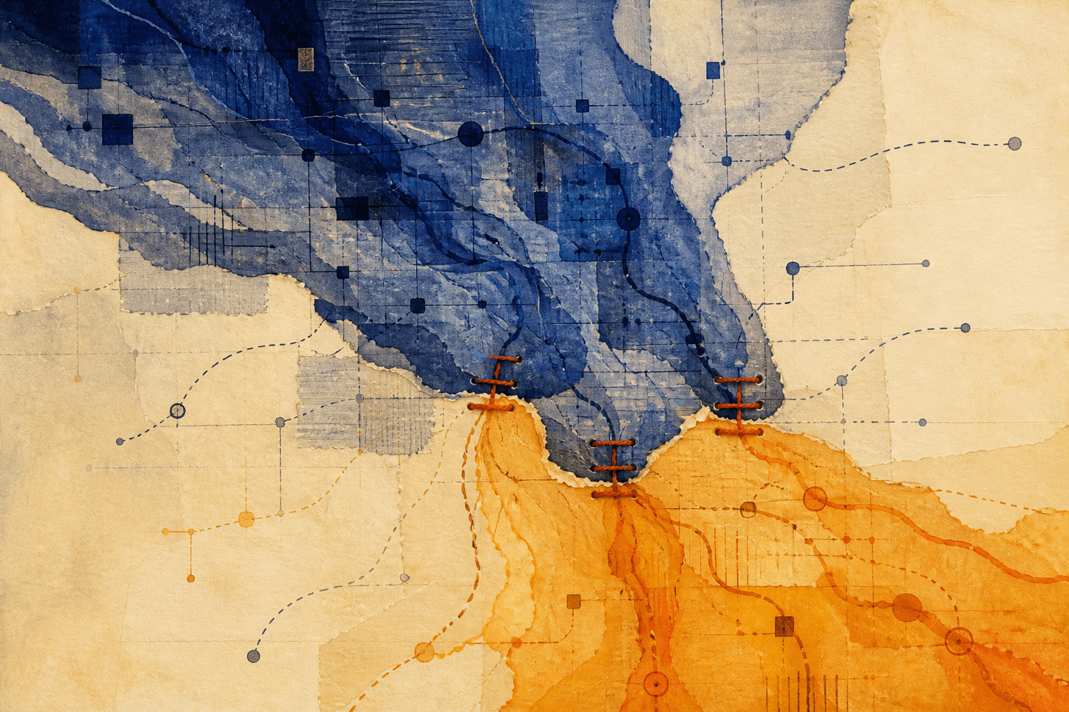 Two painted territories, one indigo and one saffron, meet through three vermilion stitches on ivory paper crossed by interrupted routes.