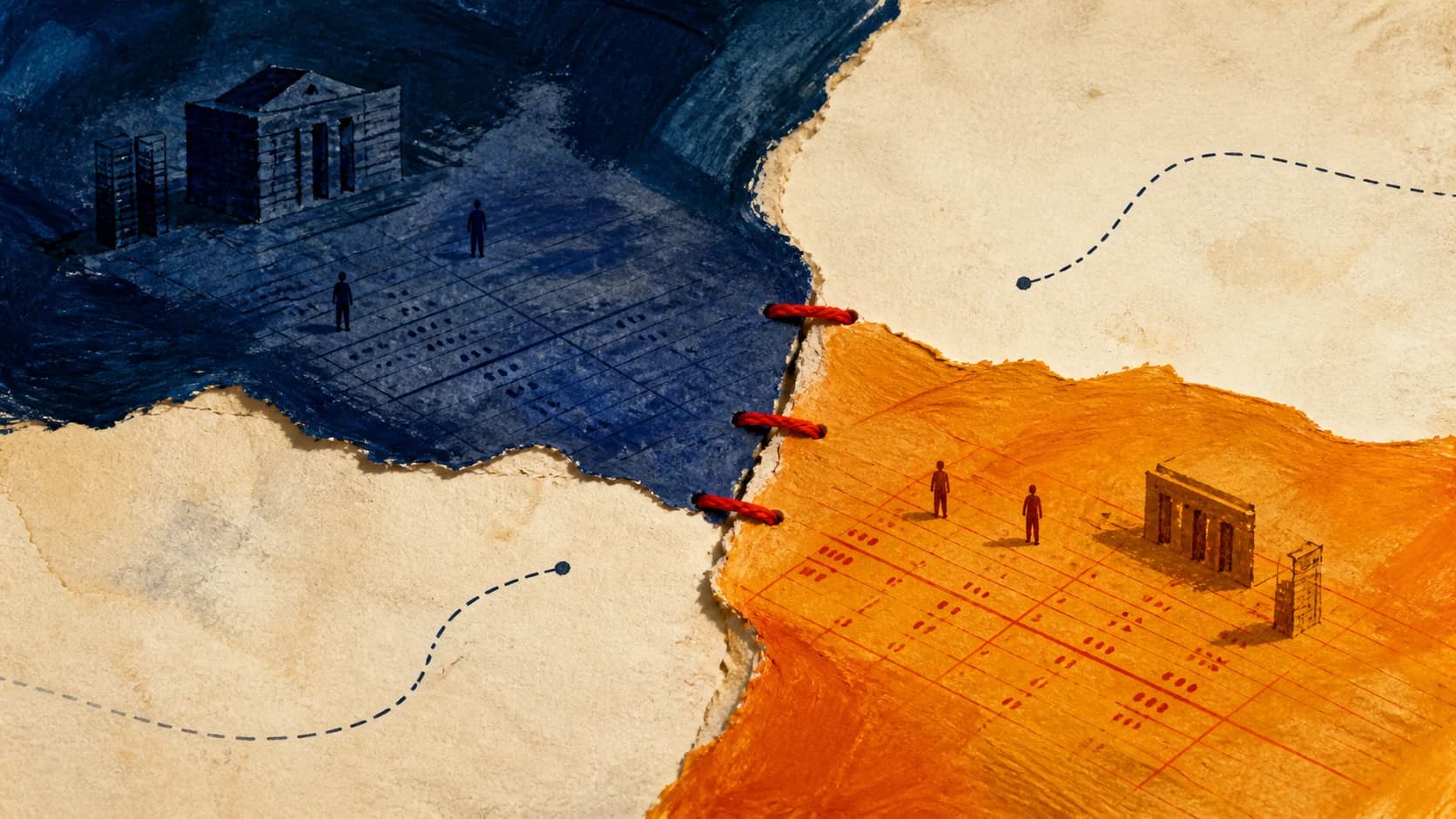 Two painted territories, one indigo and one saffron, meet through three vermilion stitches on ivory paper crossed by interrupted routes.