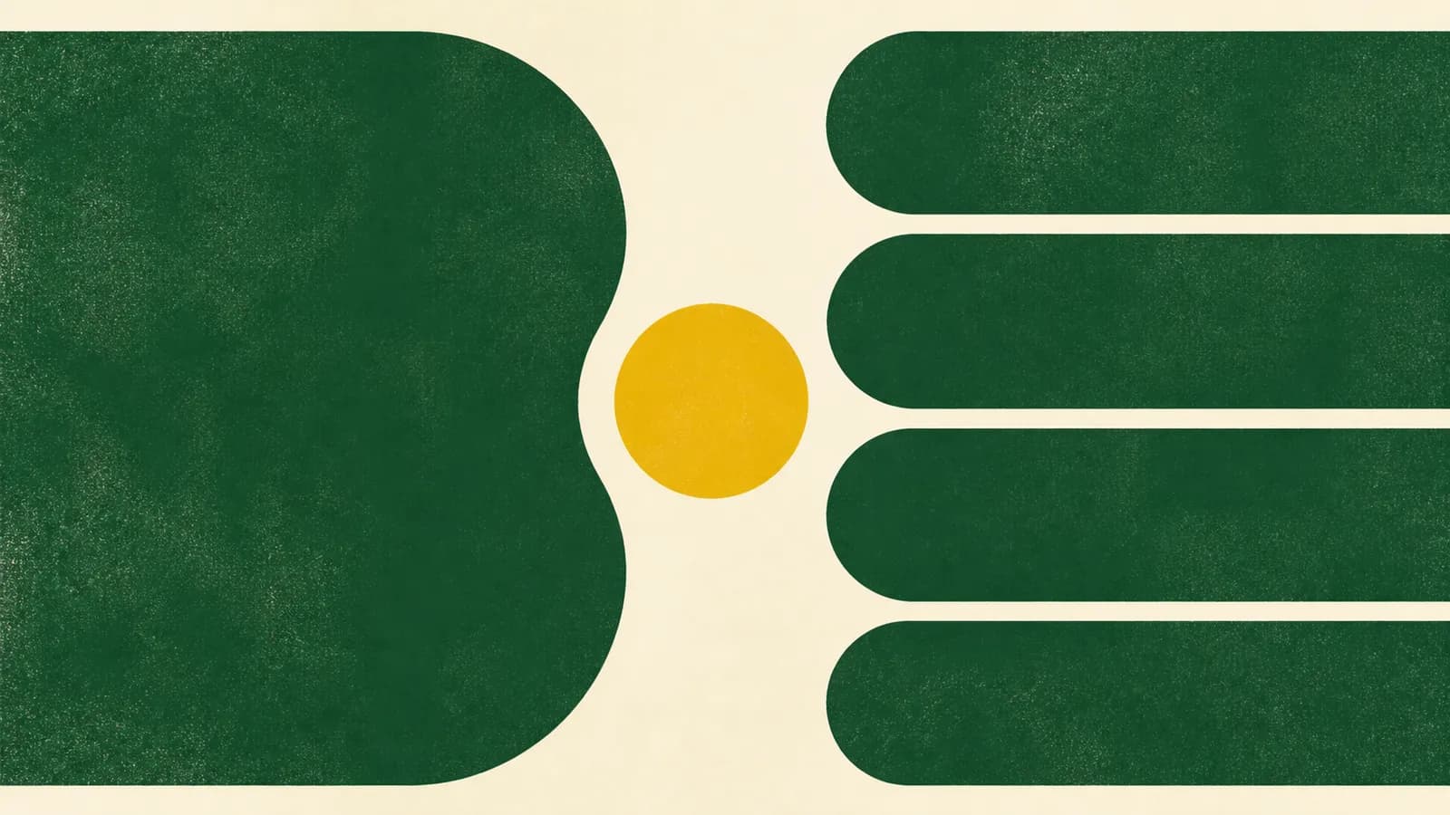 Abstract illustration on an ivory background, a broad forest-green field faces four green layers, connected by a central passage marked with a yellow disc.