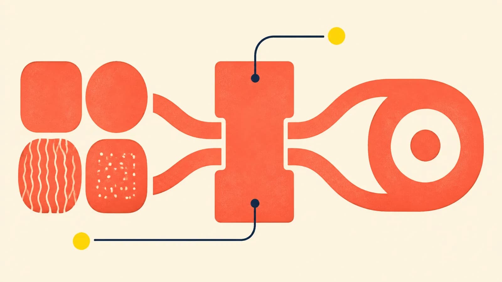 Abstract illustration on an ivory background, four coral shapes feed a central threshold connected to a large loop, with thin dark lines and two yellow dots.