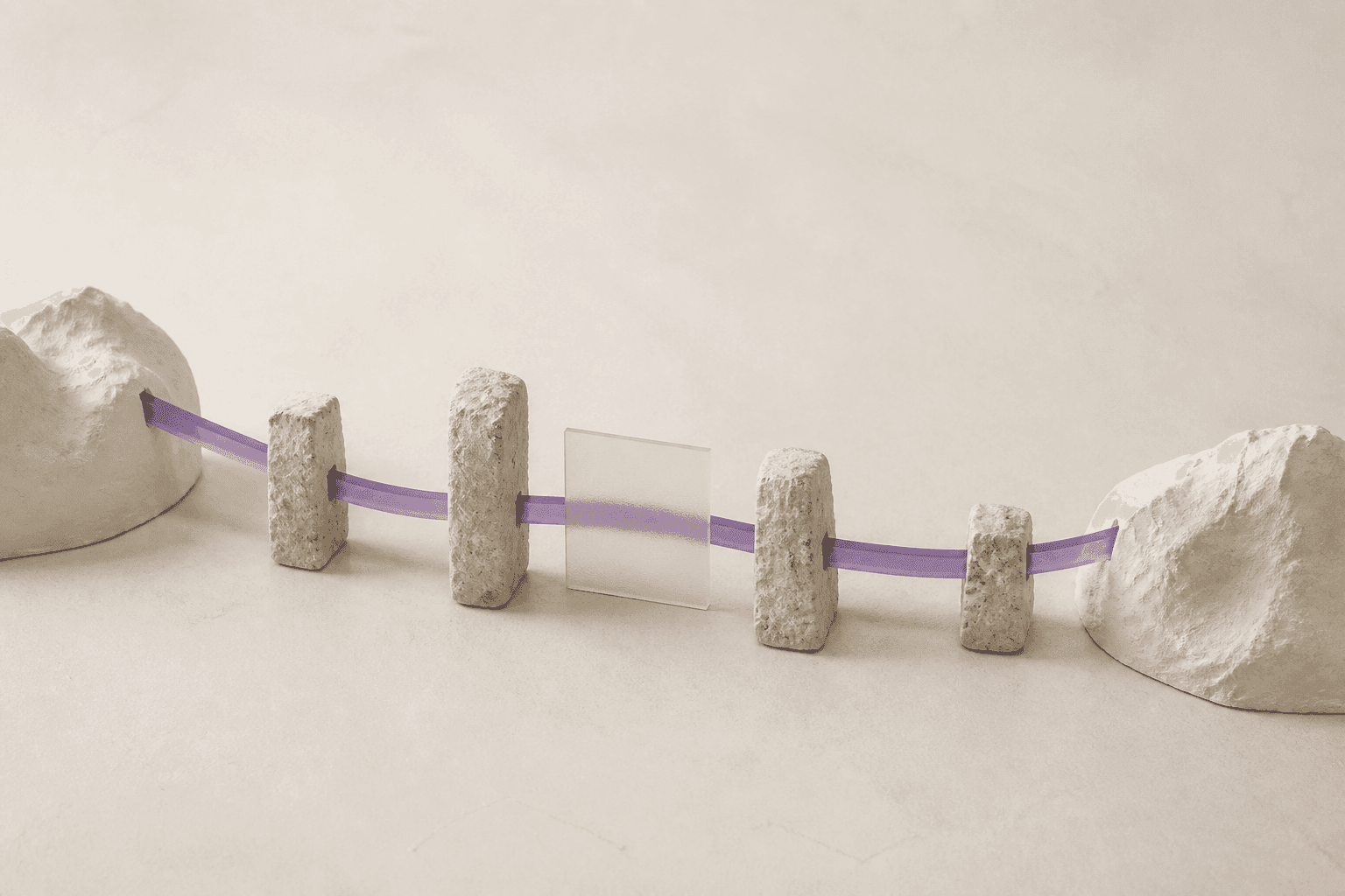 Generated illustration of two ivory plaster masses connected by a violet resin ribbon running through five irregular mineral relays; a frosted-glass panel conceals the central segment.