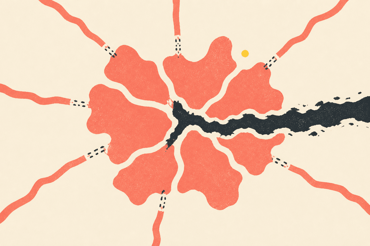 Abstract illustration on an ivory background, six coral fragments surround a broken dark channel while four interrupted paths stop at their edges.