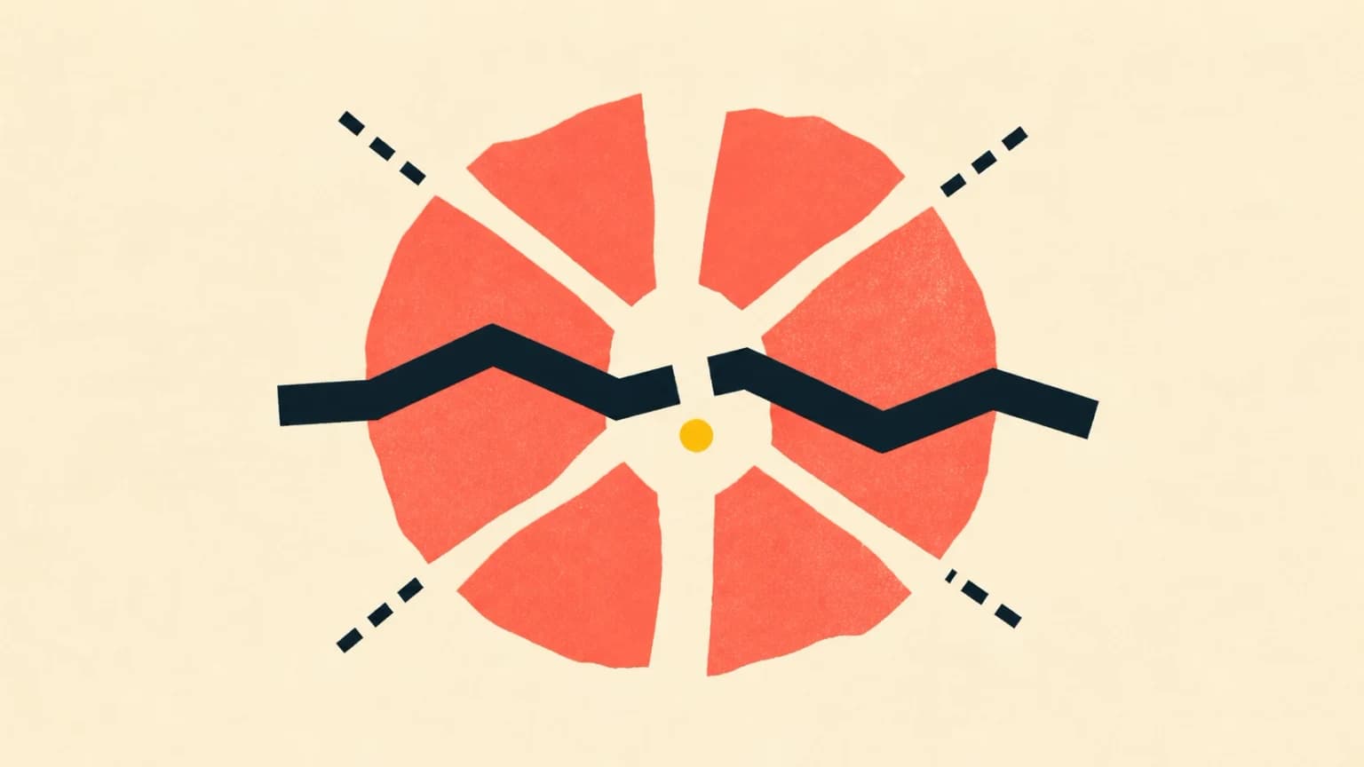 Abstract illustration on an ivory background, six coral fragments surround a broken dark channel while four interrupted paths stop at their edges.