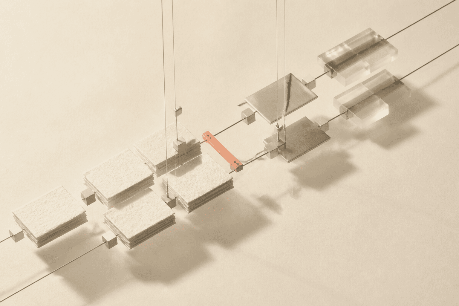 Generated illustration showing two diagonal sets of suspended ivory-paper, aluminium and clear-resin plates connected by a small coral bar.