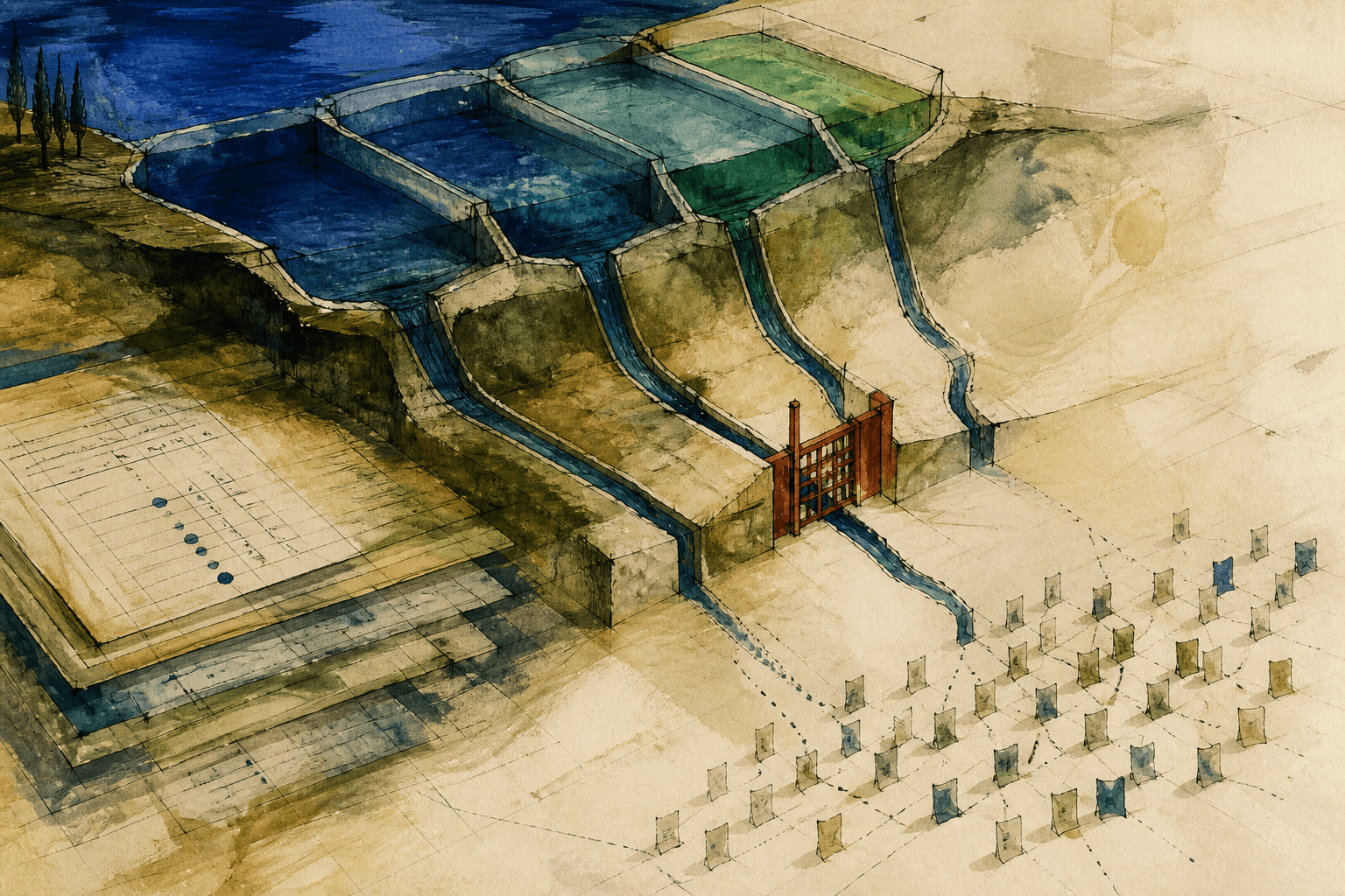 Painted landscape on ivory paper showing several blue and green reserve basins connected by ink channels to a queue of small sheets, with a red gate slowing one passage.