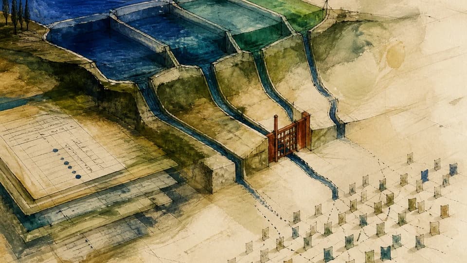 Painted landscape on ivory paper showing several blue and green reserve basins connected by ink channels to a queue of small sheets, with a red gate slowing one passage.