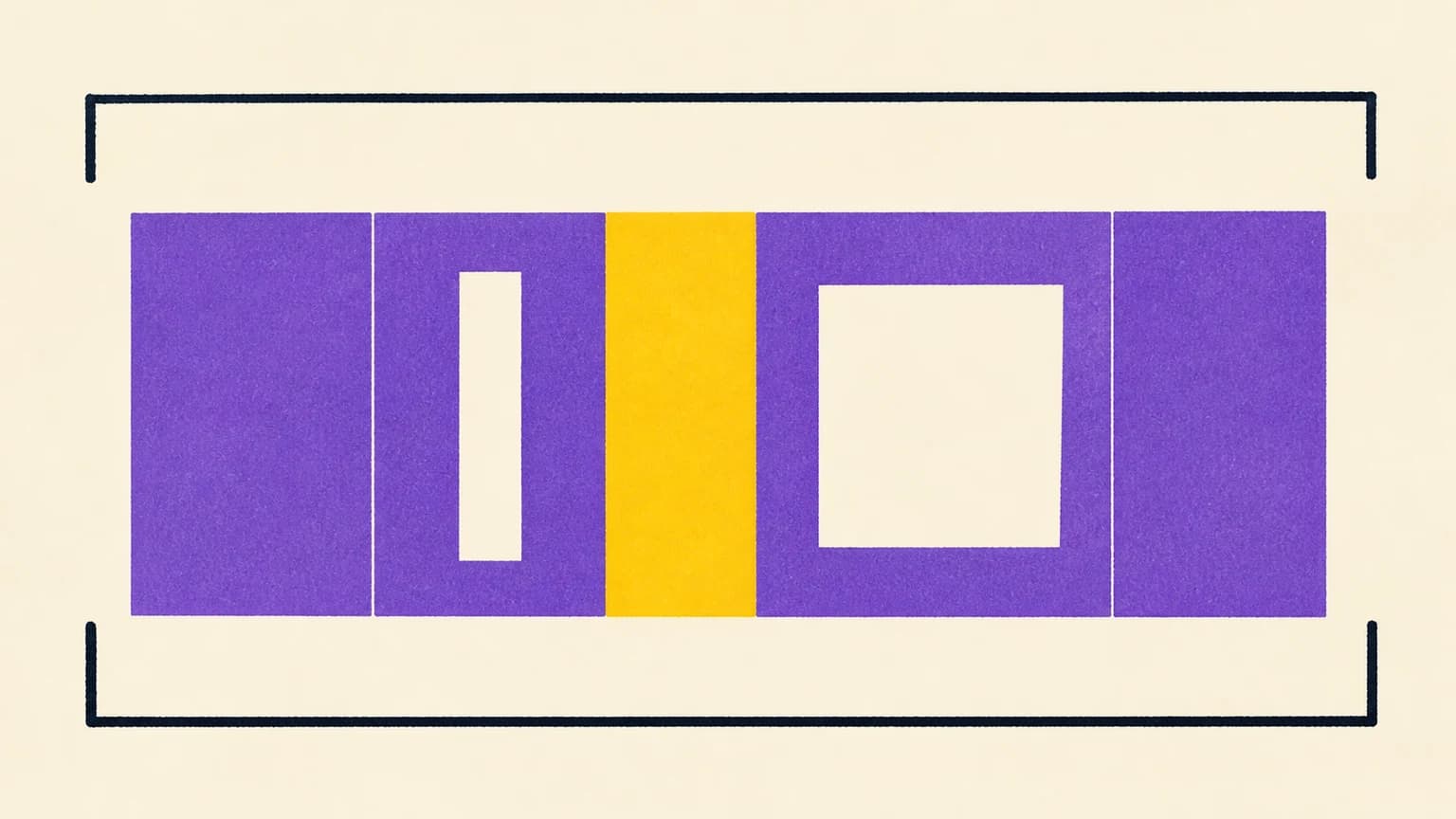Abstract illustration on an ivory background, a violet grid splits into two unequal passages around a yellow threshold within an incomplete dark frame.