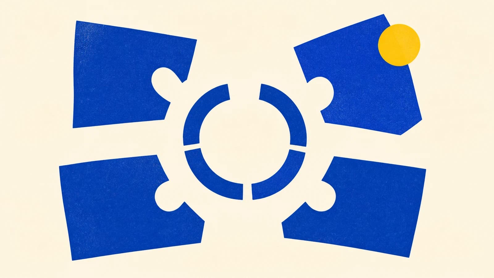 Abstract illustration on an ivory background, four large cobalt frames connect to an incomplete central structure near a yellow disc.