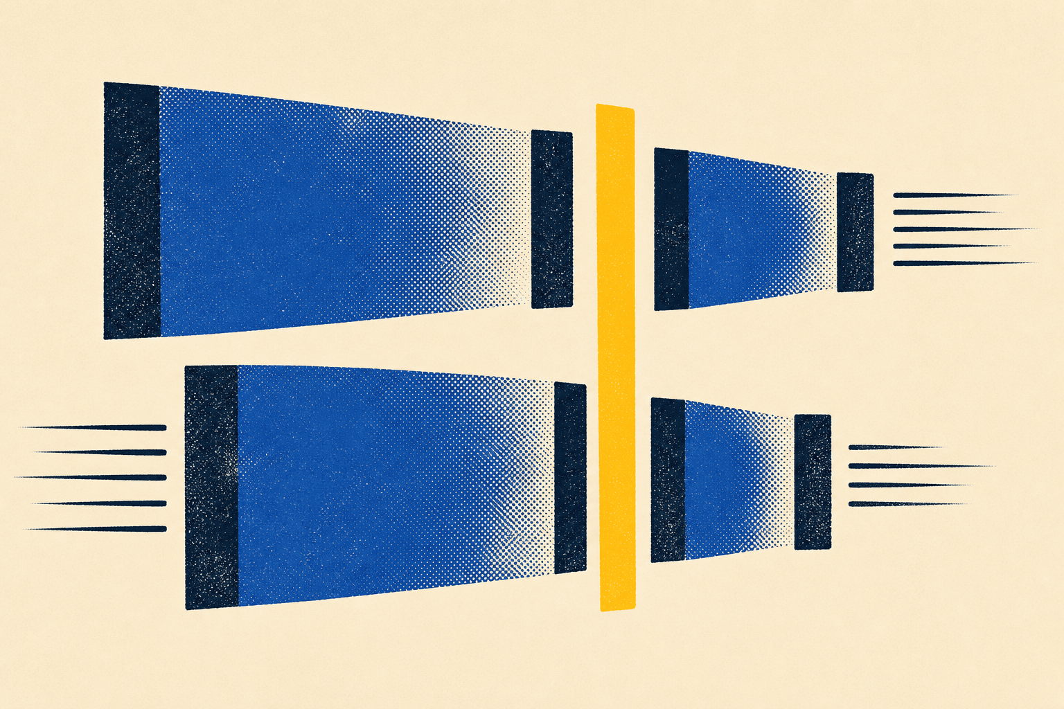 Abstract illustration on an ivory ground: four cobalt frames tighten around a yellow passage, while halftone bands mark an accelerating rhythm.