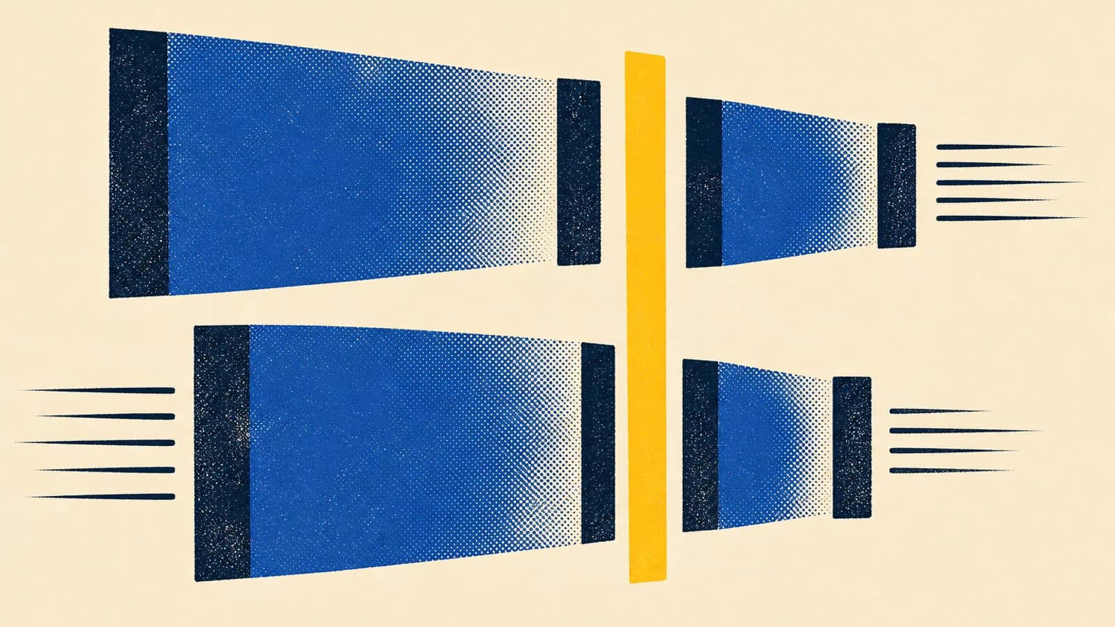 Abstract illustration on an ivory ground: four cobalt frames tighten around a yellow passage, while halftone bands mark an accelerating rhythm.