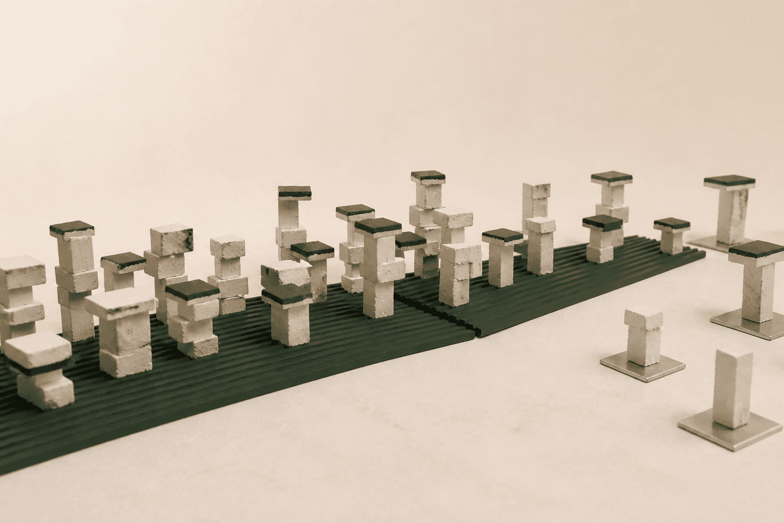 Generated still life showing a field of small ivory plaster pillars, most standing on a long cracked ribbed green slab while a few remain separate on aluminium bases.