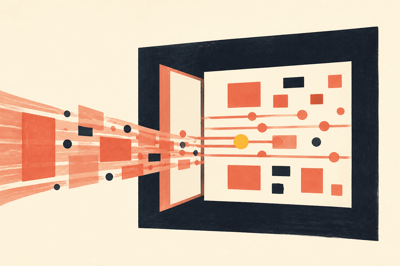 Abstract illustration on an ivory background, coral flows pass through an open dark frame towards ordered modules, with a yellow disc at the centre.