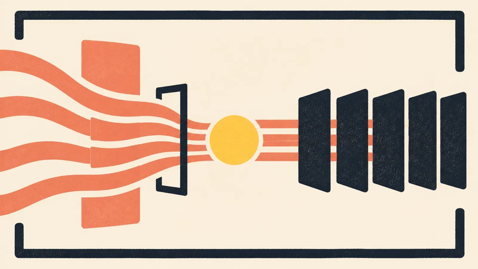 Abstract illustration on an ivory background, coral flows pass through an open dark frame towards ordered modules, with a yellow disc at the centre.