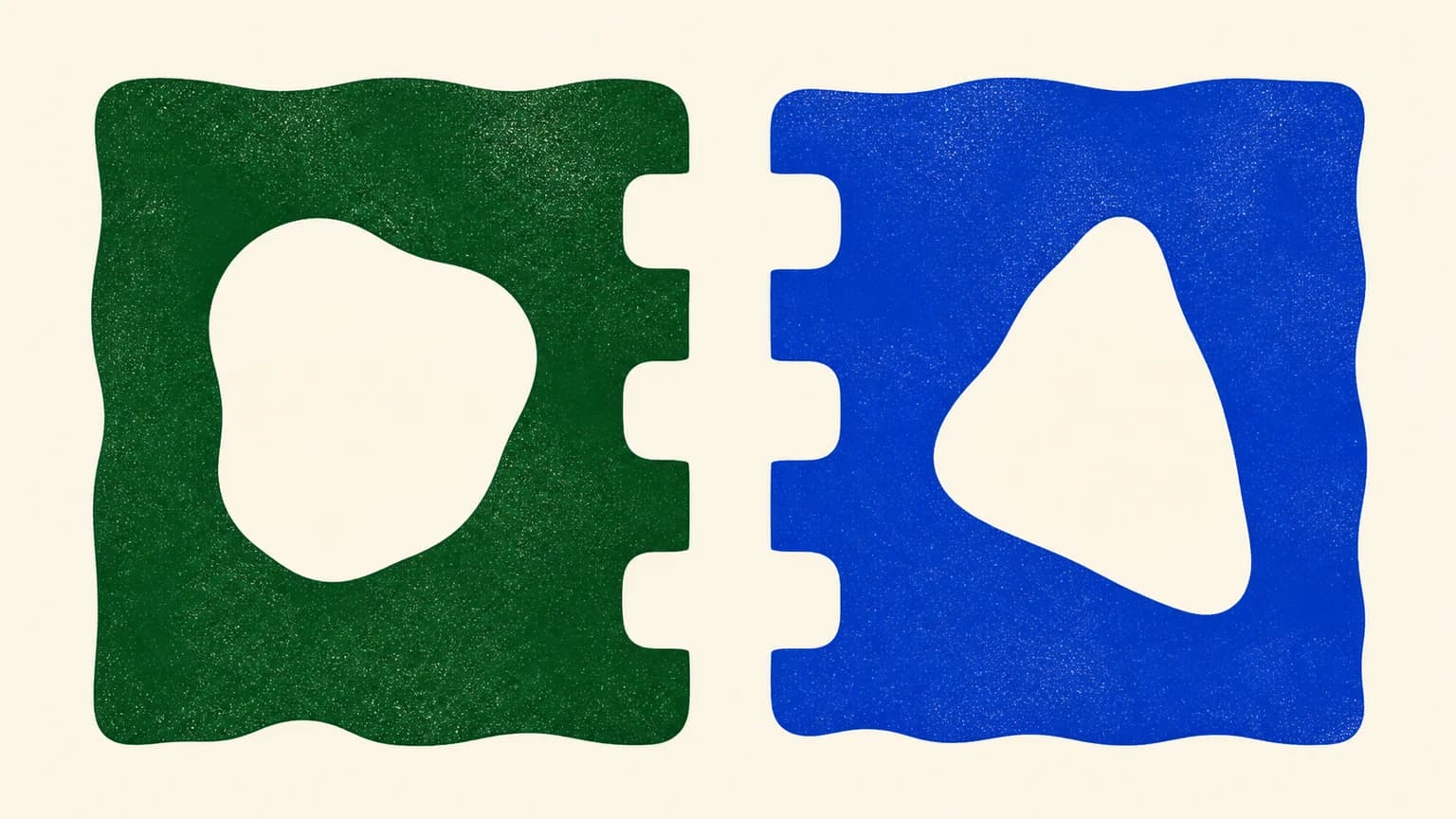 Abstract illustration on an ivory background: a large perforated green field and a smaller cobalt field are connected by three flat tabs.