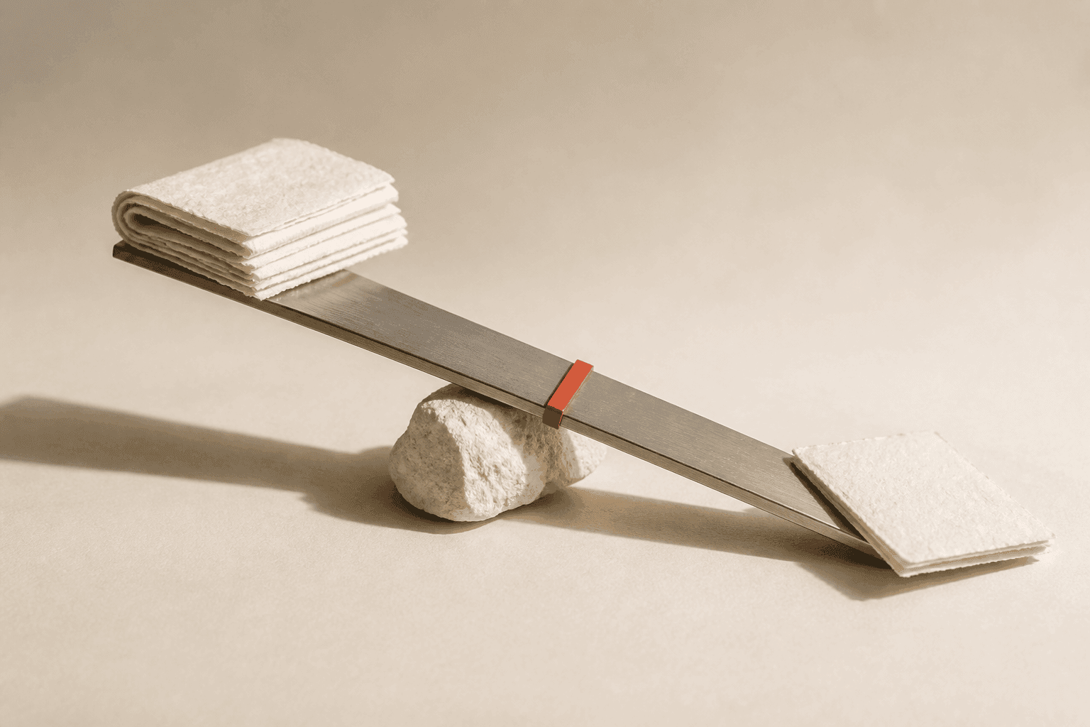 Generated oblique illustration of a long brushed-aluminium blade balanced on a pale stone, with unequal ivory-paper bundles at its ends and an off-centre coral slider.