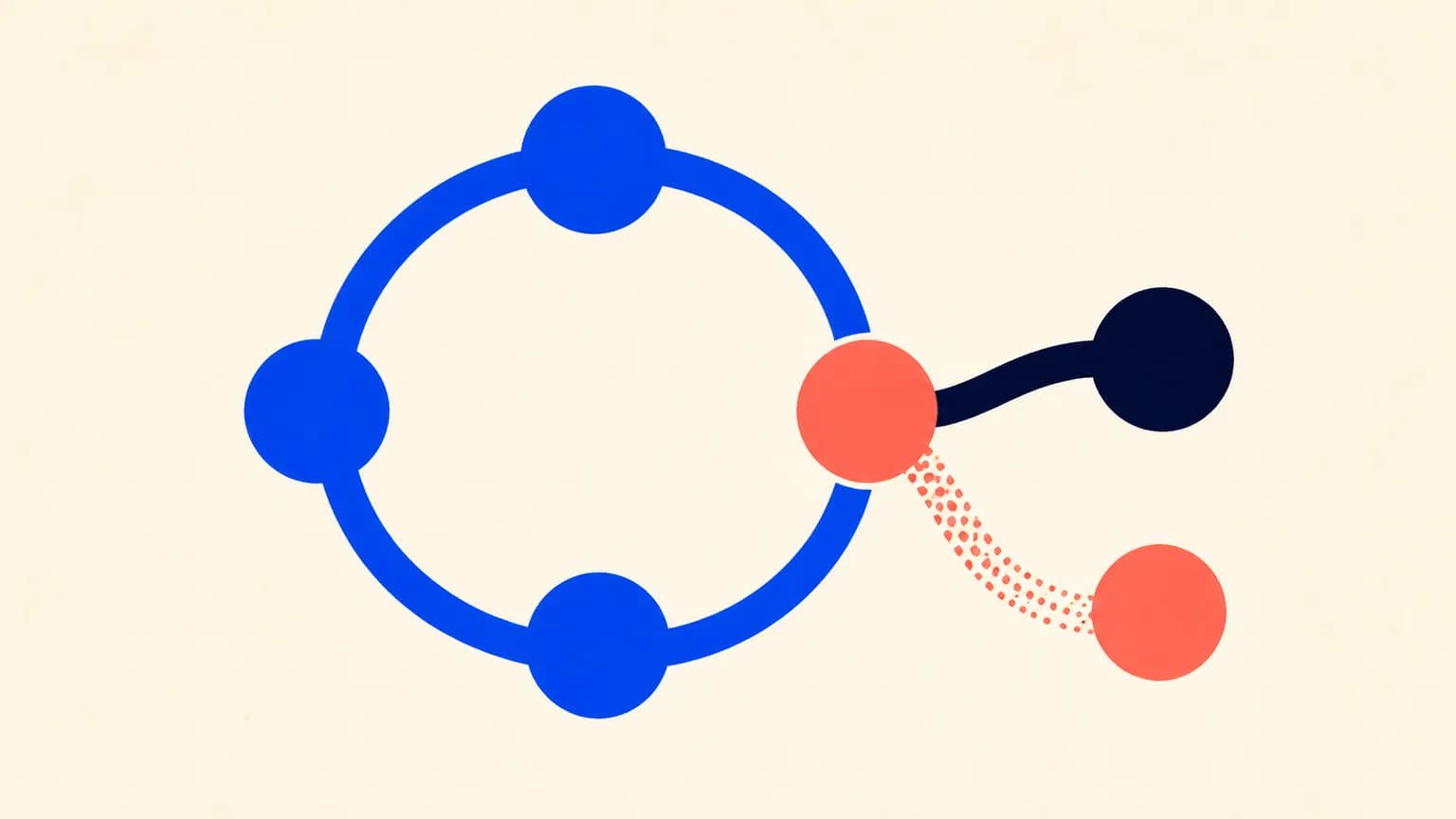 Abstract illustration on an ivory background, a large cobalt loop breaks at a coral junction that redirects the path into a dark-blue curve.