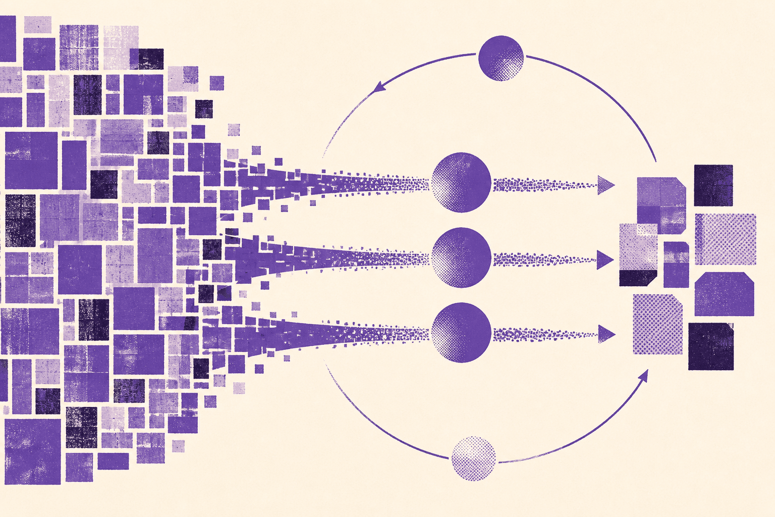 Abstract illustration on an ivory background: a dense field of violet blocks on the left connects to seven spaced modules on the right through three broad channels beneath an open loop.