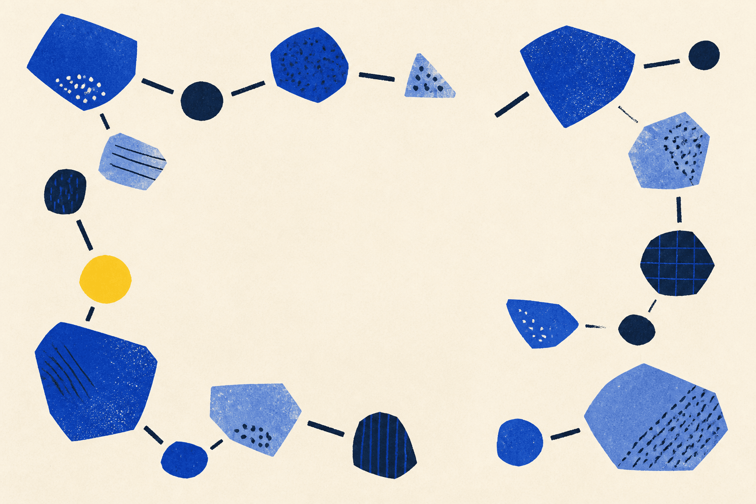 Abstract illustration on an ivory background, cobalt shapes joined by short segments surround a large empty centre, with one yellow accent.