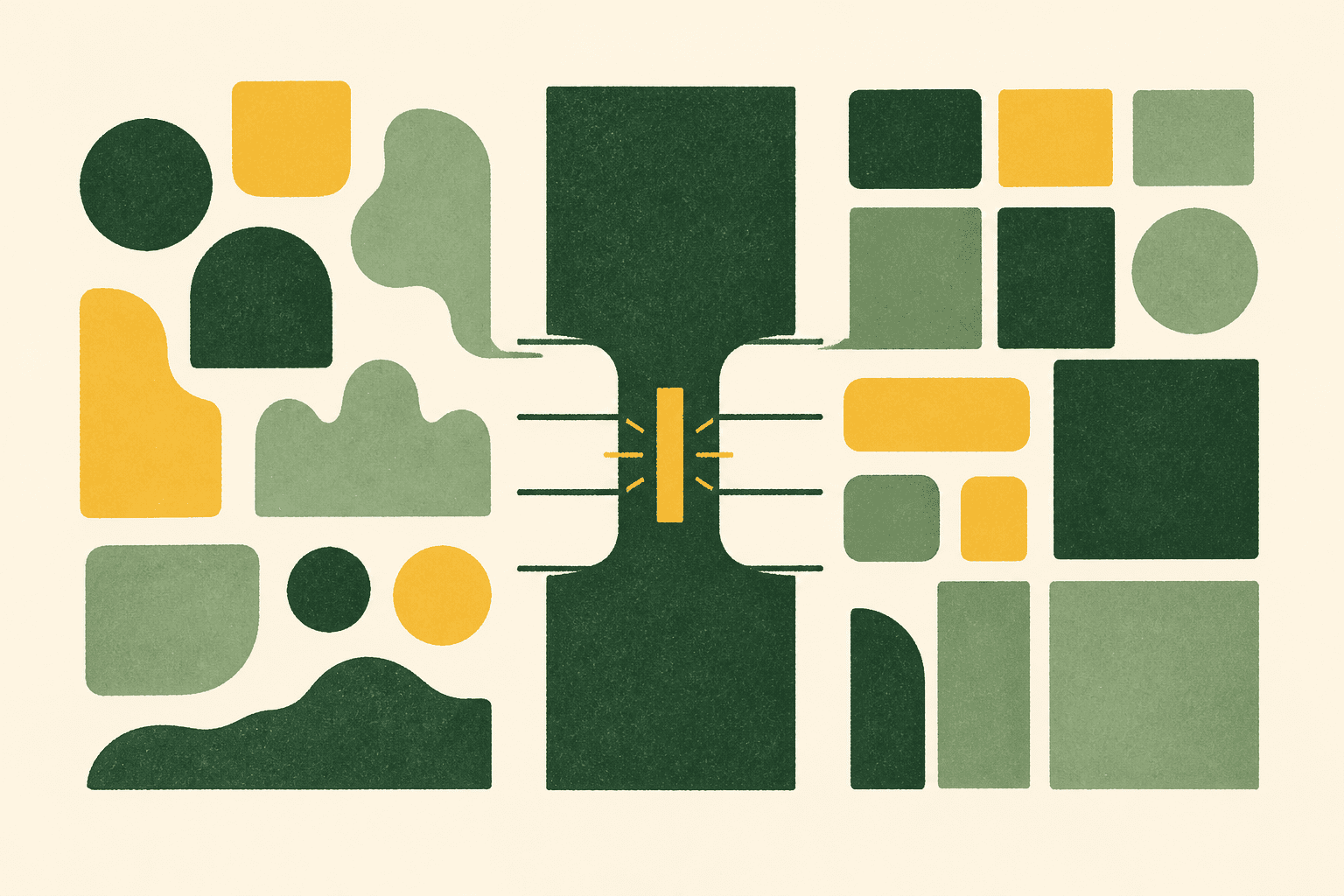Abstract illustration on an ivory background, with a wide green threshold linking two groups of irregular shapes and a yellow bar at the centre.