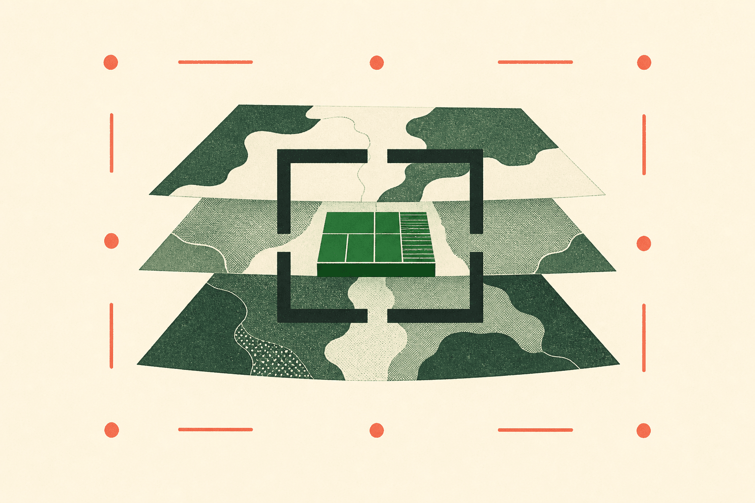 Abstract illustration on an ivory ground: three forest-green strata surround a small modular register inside an incomplete dark frame with coral markers.