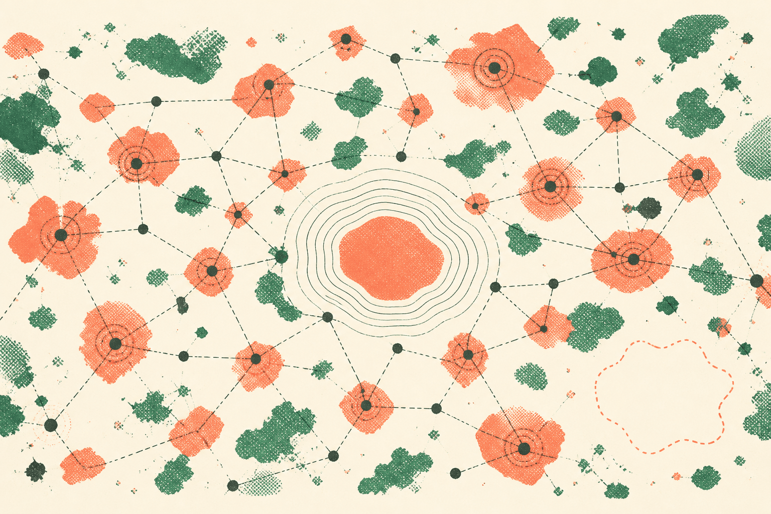 Abstract illustration on an ivory background: connected coral and green islands surround a central field of contour lines while one peripheral area remains open.