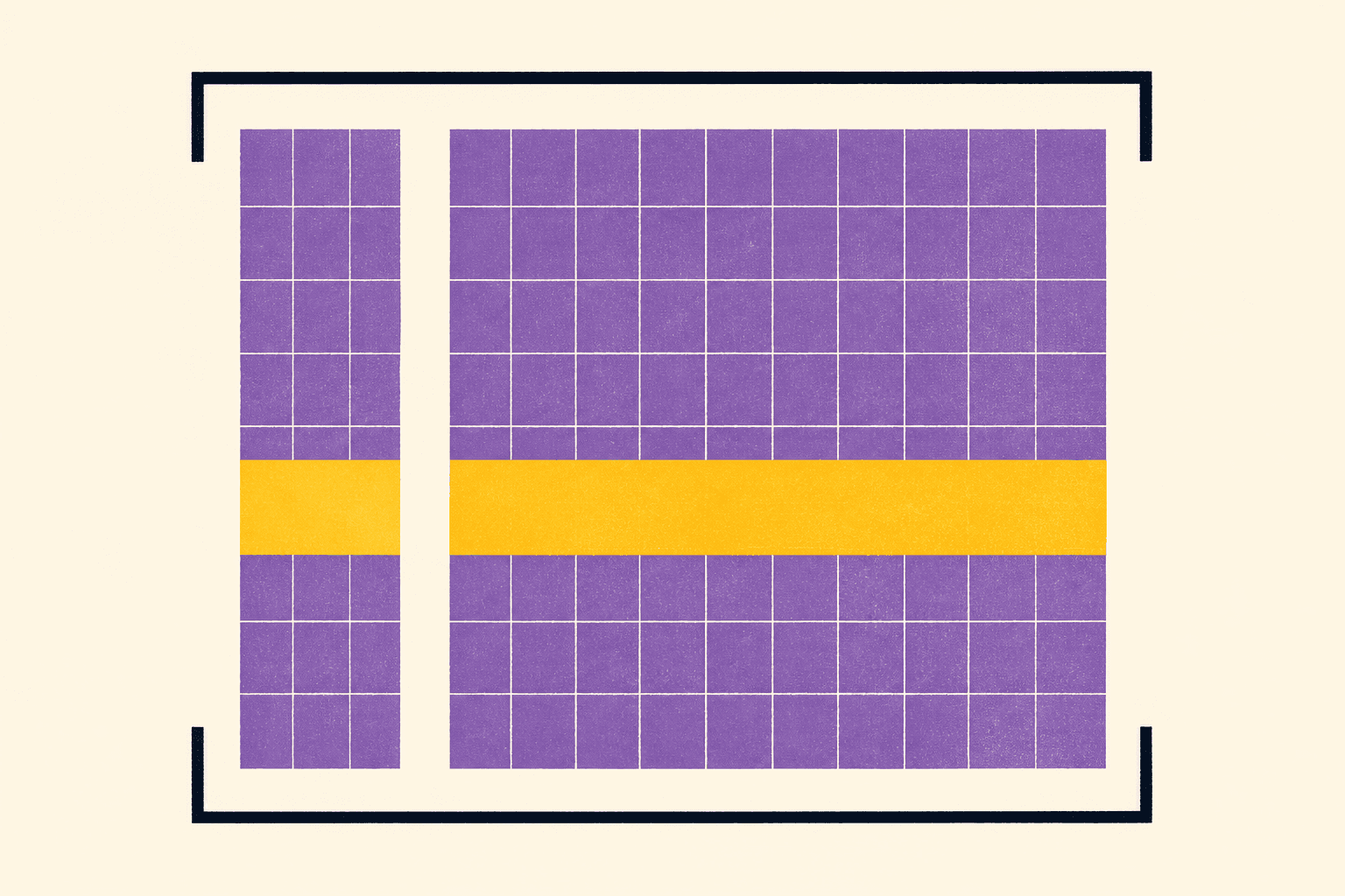 Abstract illustration on an ivory background, a violet grid splits into two unequal passages around a yellow threshold within an incomplete dark frame.