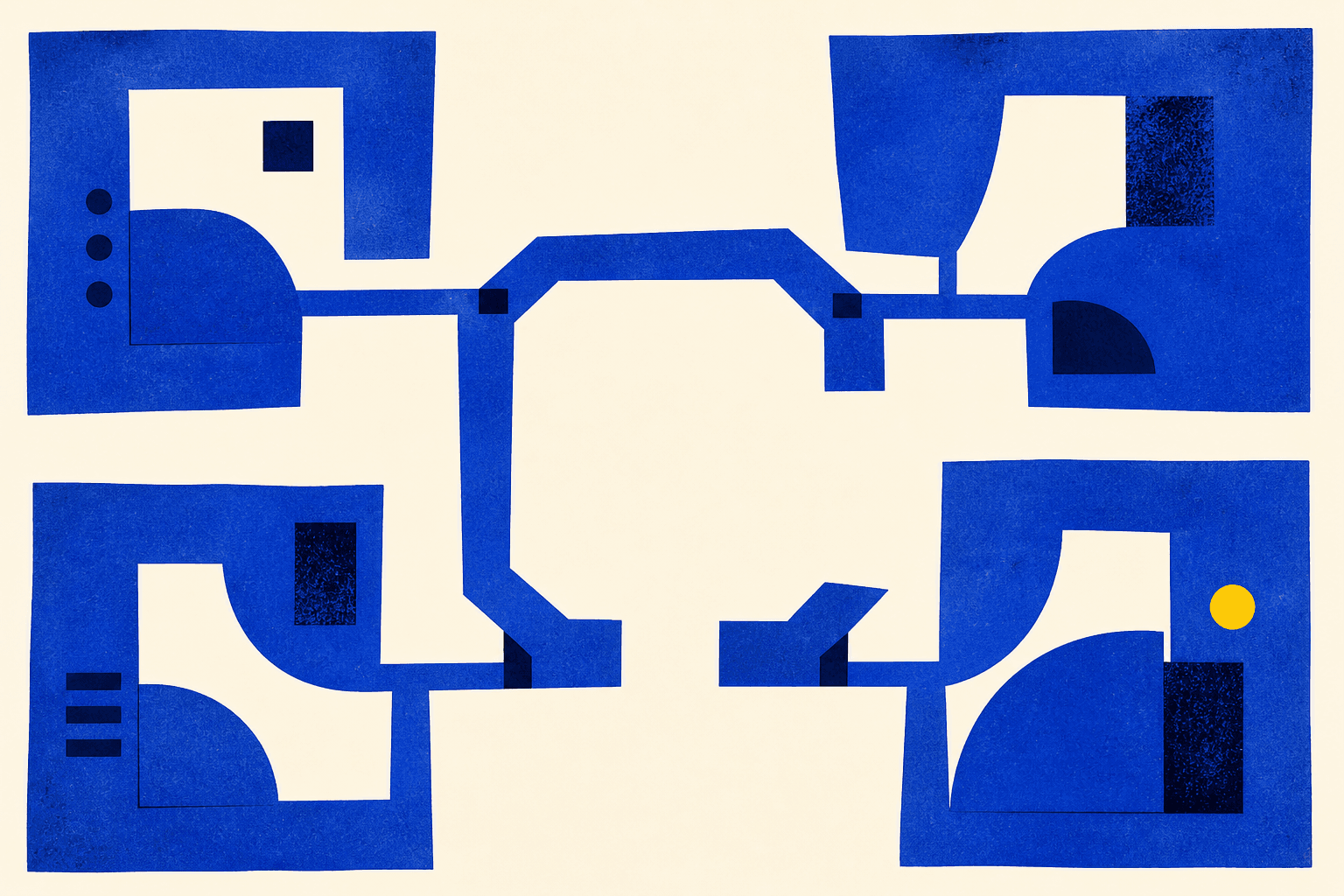 Abstract illustration on an ivory background, four large cobalt frames connect to an incomplete central structure near a yellow disc.