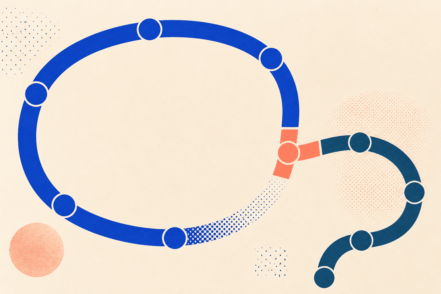 Abstract illustration on an ivory background, a large cobalt loop breaks at a coral junction that redirects the path into a dark-blue curve.